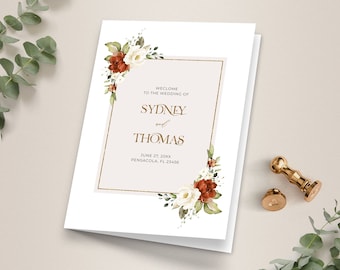 Terracotta and Ivory Roses Bi-fold Wedding Program Template (Digital Download) A132