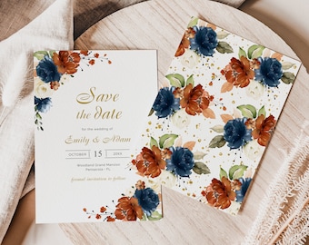 May include: Save the date wedding invitation with a floral design featuring blue and orange flowers. The invitation reads "Save the date for the wedding of Emily & Adam, October 15, 20xx, Woodland Grand Mansion, Pensacola, FL, formal invitation to follow."