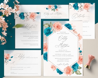 Conjunto de plantillas para invitaciones de boda en turquesa y coral, conjunto de plantillas para invitaciones de boda • DESCARGA INSTANTÁNEA • Plantillas editables e imprimibles
