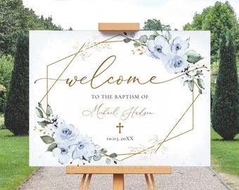 Dusty Blue Baptism Welcome Sign Template, Christening/Communion Welcome Sign Template • INSTANT DOWNLOAD • Editable, Printable Template,#127