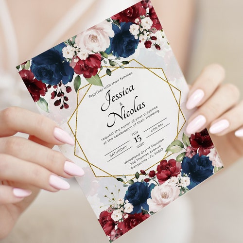 Burgundy and Navy Blue Wedding Invitation Template Wedding - Etsy