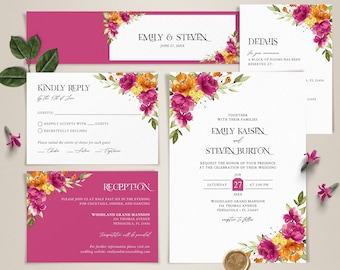 Puede incluir: Conjunto de invitaciones de boda con diseños florales en tonos rosa, naranja y amarillo. La invitación incluye los nombres "Emily Kaisen" y "Steven Burton" y la fecha "June 27, 20XX". La tarjeta RSVP incluye el texto "Kindly Reply by the 5th of June".