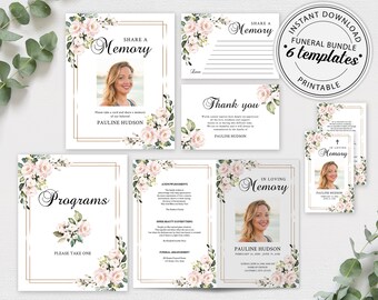 Pink Roses Funeral Templates Bundle (Editable, Printable, Digital Download)