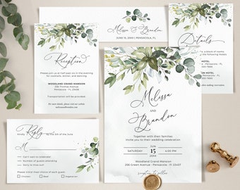 Boho Greenery Hochzeitseinladung Vorlagen Set, Boho Hochzeit Template Suite • SOFORTIGER DOWNLOAD • Bearbeitbar, druckbare Vorlage, A107