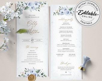Blue Floral Wedding Program Template, Editable Printable (Instant Download)