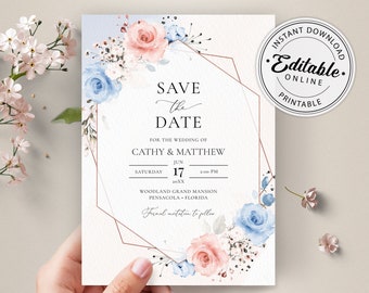 Blue and Blush Pink Floral Save the Date Template (Digital Download) #122