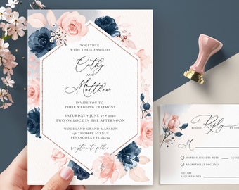 Navy Blue and Blush Pink Wedding Invitation and RSVP Card Template (Digital Download) A120