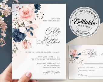 Navy Blue and Blush Pink Wedding Invitation Template and RSVP Card (Digital Download) A120