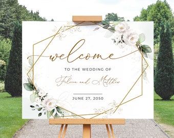 Boho Greenery Wedding Welcome Sign Template with White Roses • INSTANT DOWNLOAD • Editable, Printable Template, A109