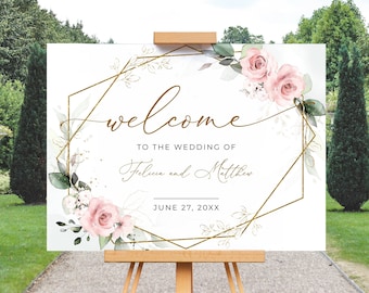 Modello di cartello di benvenuto per matrimonio Boho Greenery con rose rosa • DOWNLOAD IMMEDIATO • Modello modificabile e stampabile
