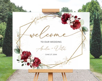 Burgundy Wedding Welcome Sign Template, Horizontal Welcome Sign Template  • INSTANT DOWNLOAD • Editable, Printable Template, #141