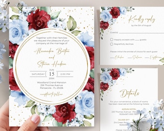 Blue & Burgundy Floral Wedding Invitation Template Set (Digital Download)