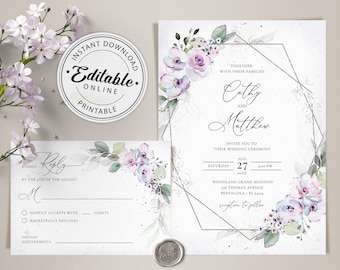 Lavender Wedding Invitation and RSVP Card Template • INSTANT DOWNLOAD • Editable, Printable Templates