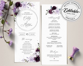 May include: Wedding ceremony programme with purple and white floral designs. The programme includes the wedding party, officiant, parents of the bride and groom, matron of honour, best man, bridesmaids, groomsmen, flower girl, ring bearer, and a thank you message from the bride and groom.