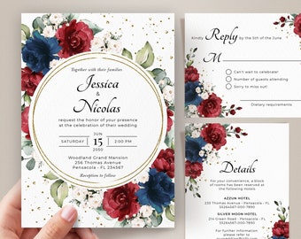 Burgundy and Navy Blue Floral Wedding Invitation Template Suite (Instant Download) A123