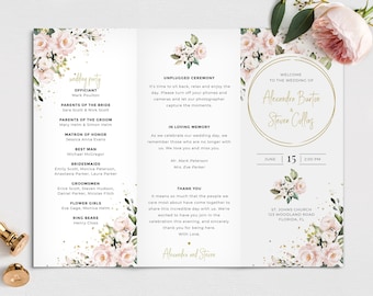 Trifold Wedding Program Template with Blush Pink Roses, Floral Program Template • INSTANT DOWNLOAD • Editable, Printable Template, A117