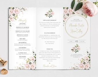 Blush Pink Roses Wedding Program Template, Trifold Brochure (Digital Download) A117