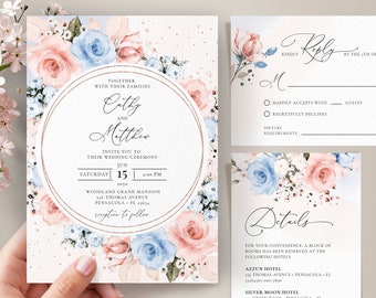 Blue Blush Pink Floral Wedding Invitation Template Suite (Digital Download) #122