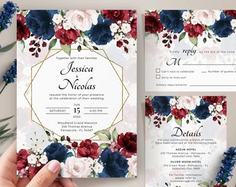 Burgundy and Navy Blue Wedding Invitation Template Suite, Wedding Invitation Set • INSTANT DOWNLOAD • Editable, Printable Template, A123
