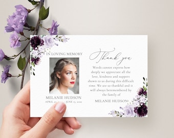 Purple Funeral Thank you Card Template, Thank you Notes Template • INSTANT DOWNLOAD • Printable, Editable Template