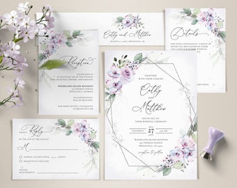 Lavender Roses Wedding Invitation Template (Instant Download)