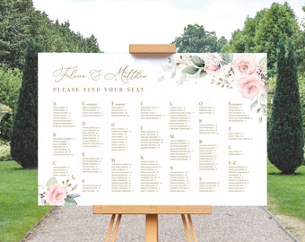 Plantilla de plano de asientos para bodas con rosas rosadas en orden alfabético (descarga instantánea) #126