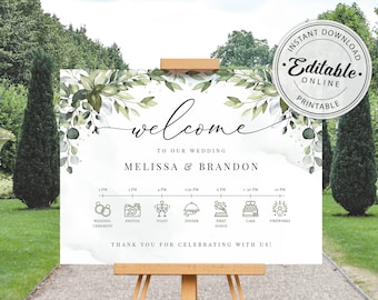 Greenery Wedding Timeline Sign Template: Editable Printable (Instant Download)