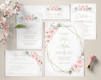 Light Pink Wedding Invitation Template Suite (Editable, Printable, Instant Download) #126