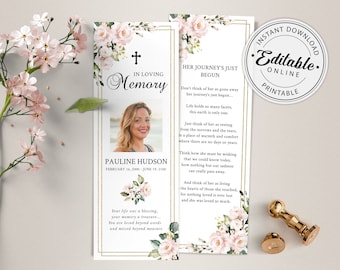 Blush Pink Funeral Bookmark Template, Celebration of Life Bookmark, Funeral Keepsake Cards, Memorial Card for Remembrance