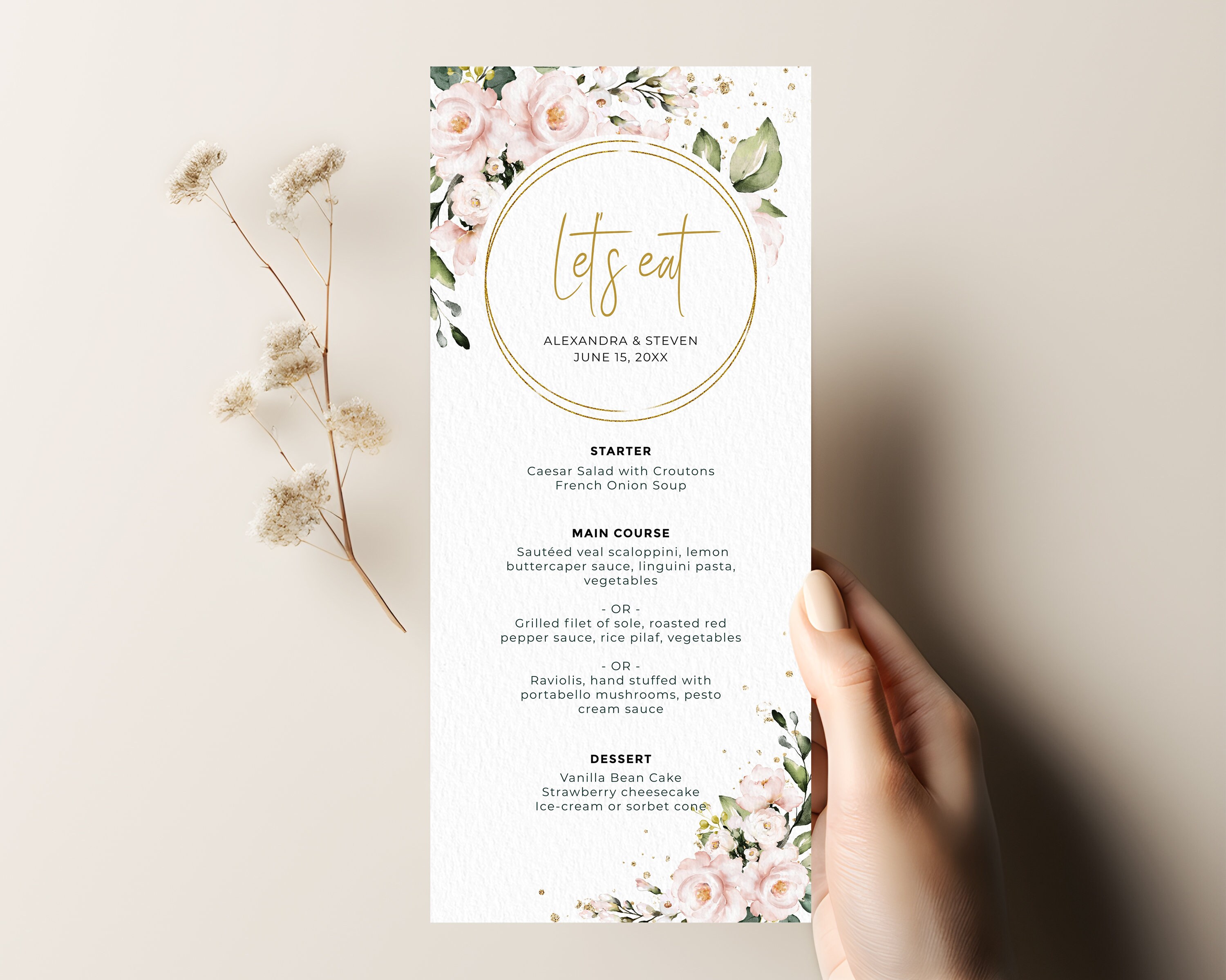 Blush Pink Roses Menu Template, Editable Printable (digital Download ...