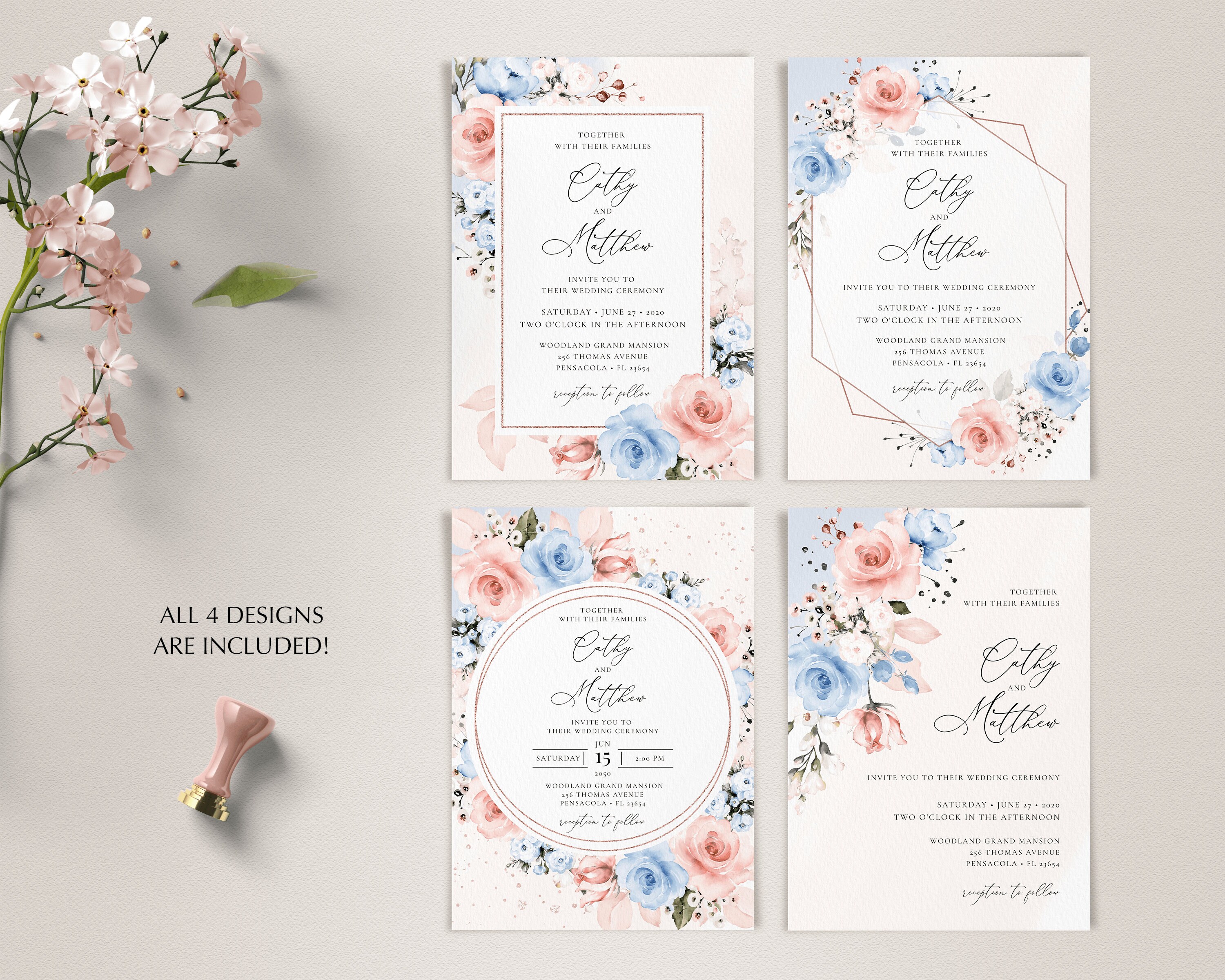Blue and Blush Pink Invitation Template Bundle Wedding Large Etsy UK