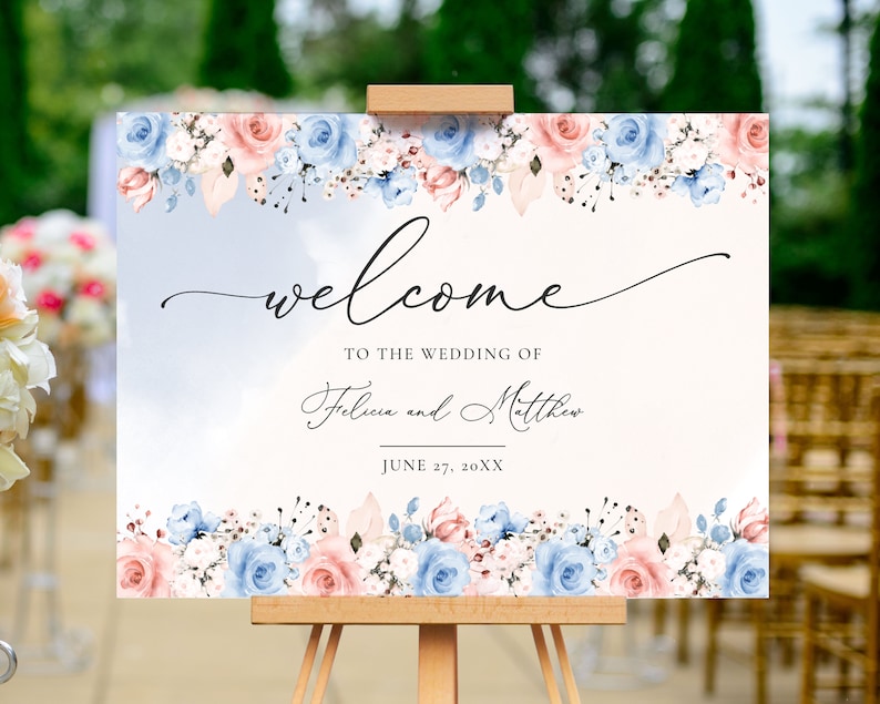 Dusty Blue and Blush Pink Wedding Welcome Sign Template INSTANT DOWNLOAD Editable, Printable Template, 122 image 3