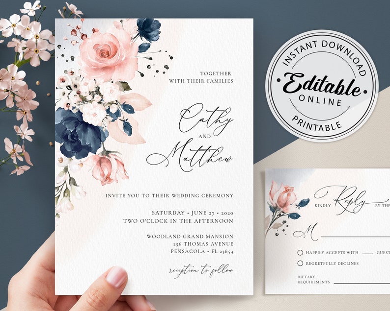 Navy Blue and Blush Pink Wedding Invitation Template and RSVP Card (Digital Download) A120 image 1