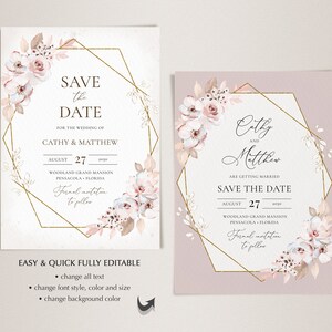May include: Two wedding save-the-date cards. The left card has a white background with a gold geometric frame and floral accents. The right card has a mauve background. Both cards have the text "Save the Date" and wedding details.