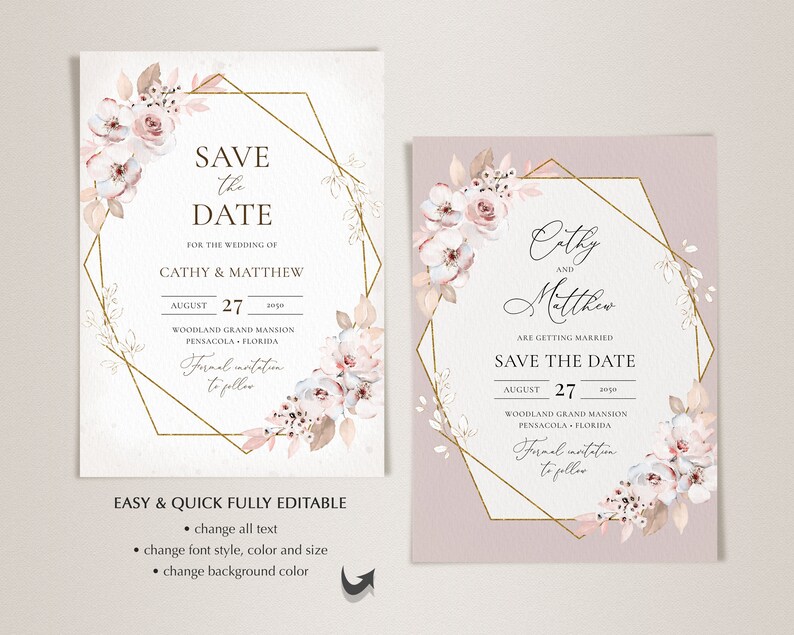 May include: Two wedding save-the-date cards. The left card has a white background with a gold geometric frame and floral accents. The right card has a mauve background. Both cards have the text "Save the Date" and wedding details.