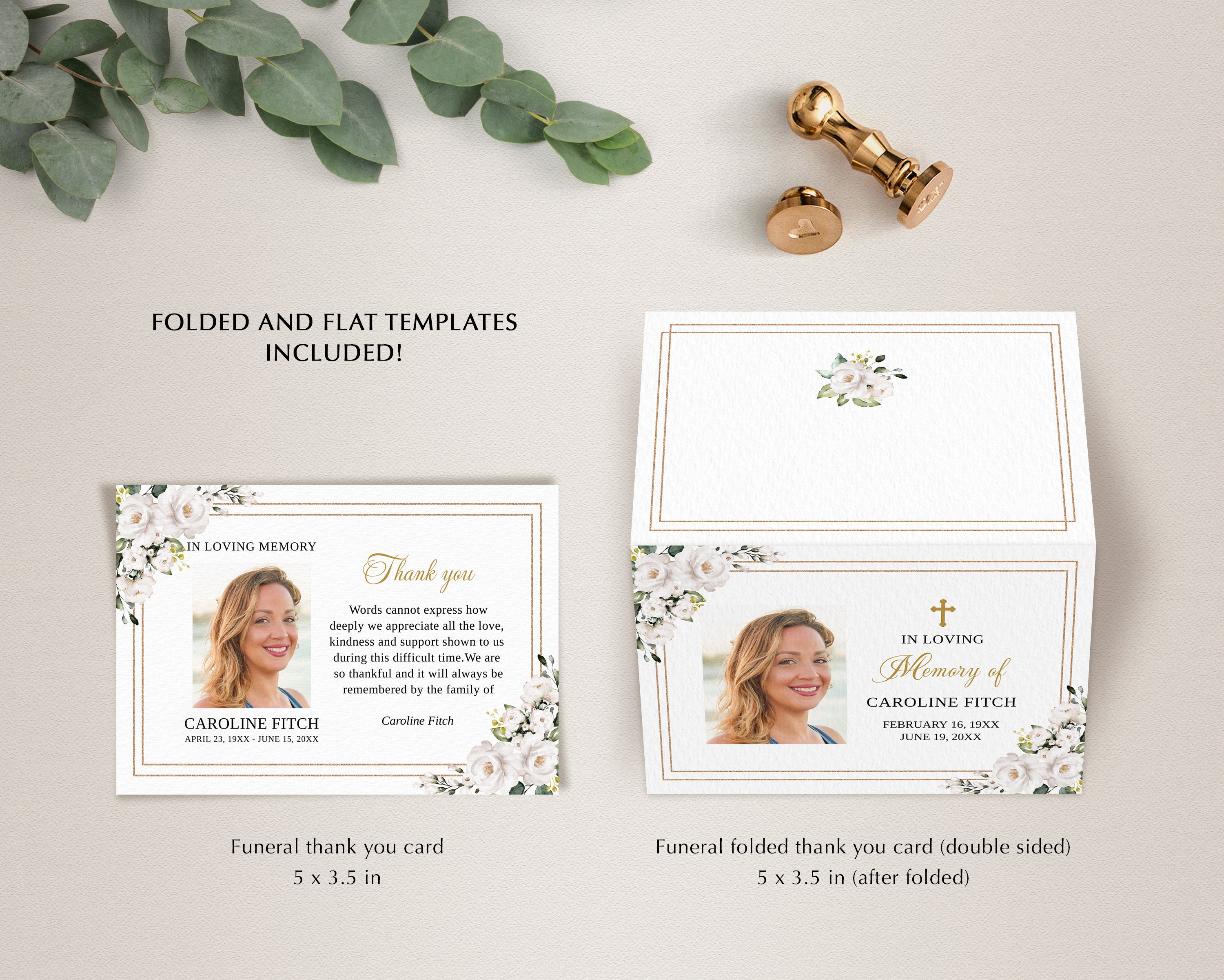 White Roses Funeral Thank You Card Template (printable, Editable ...