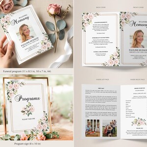 Editable Funeral Program Template Bundle, Pink Rose Memorial Suite, Funeral Templates, Printable, Instant Download image 2