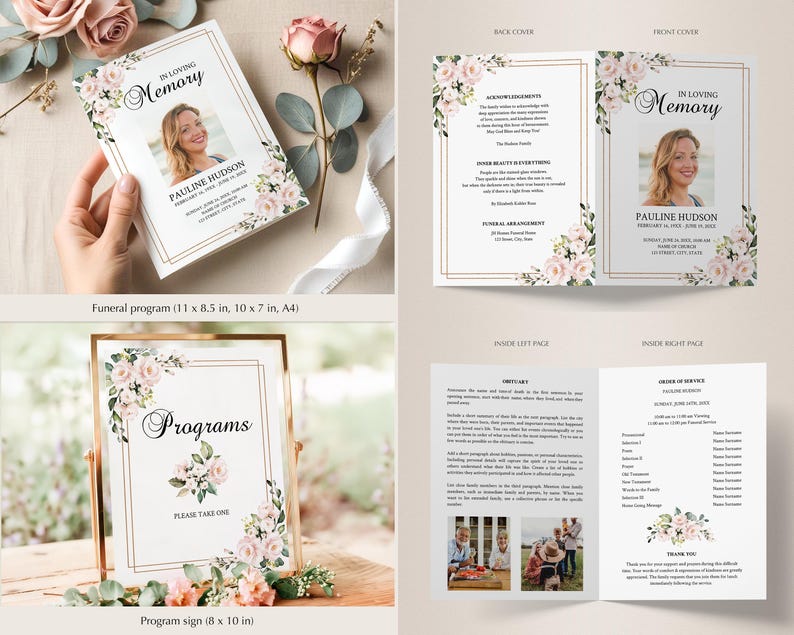 Editable Funeral Program Template Bundle, Pink Rose Memorial Suite, Funeral Templates, Printable, Instant Download image 2