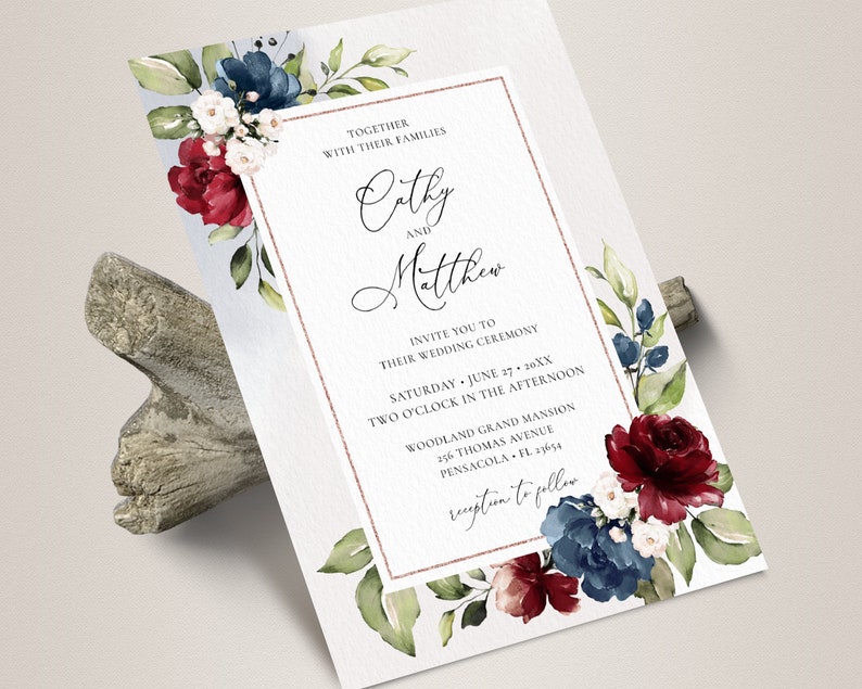 Navy Blue and Burgundy Wedding Invitation Template Suite | Etsy