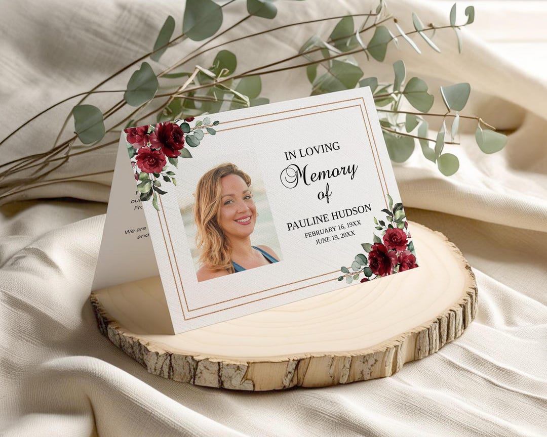 Funeral Thank You Card Template With Burgundy Roses • INSTANT DOWNLOAD ...