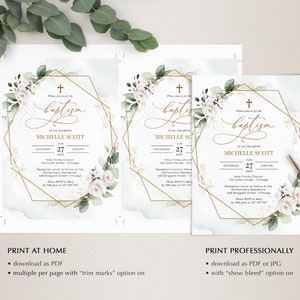Greenery White Roses Baptism Invitation Template (Digital Download) immagine 8