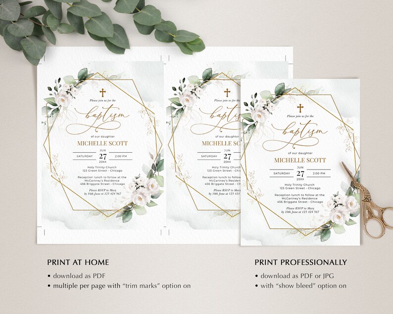 Greenery White Roses Baptism Invitation Template (Digital Download) immagine 8