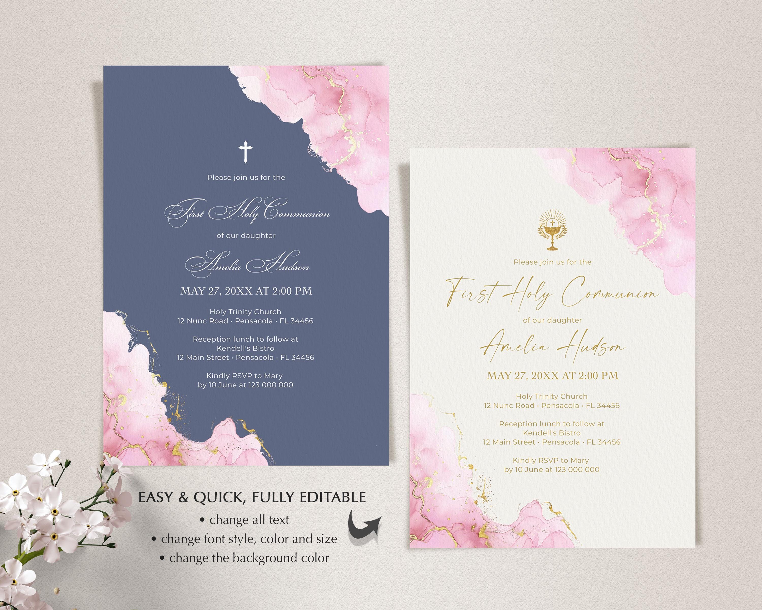 Pink and Gold First Holy Communion Invitation Template • INSTANT ...
