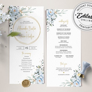Blaues Hochzeitsprogramm Vorlage, druckbares Blumenhochzeitsprogramm • SOFORTIGER DOWNLOAD • Bearbeitbare, druckbare Vorlage, A118