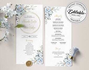Blue Floral Wedding Program Template, Editable, Printable (Instant Download) A118