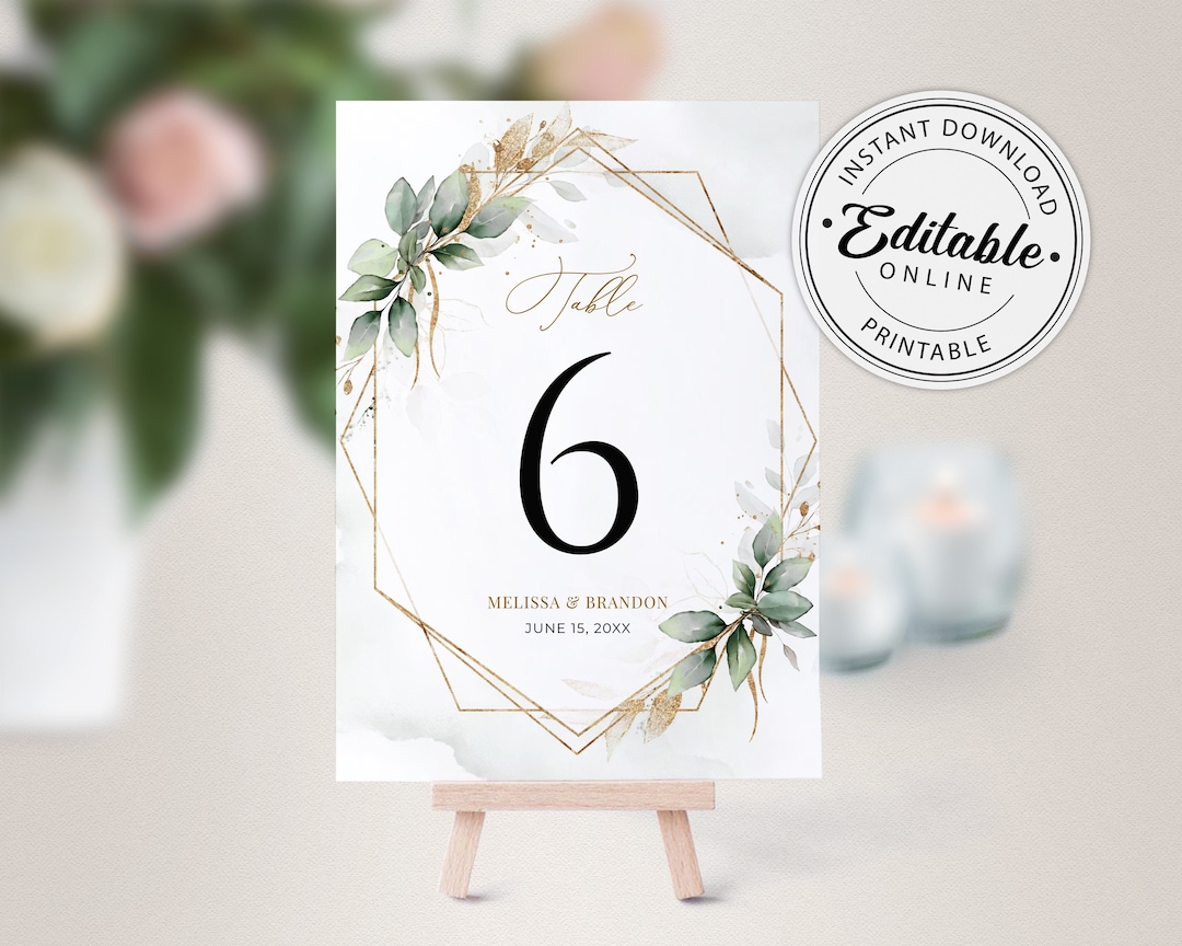 Greenery Geometric Wedding Table Numbers Template • INSTANT DOWNLOAD ...