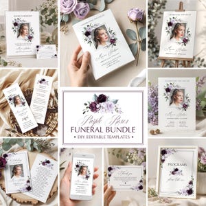 Puede incluir: Un conjunto de papelería funeraria decorado con rosas moradas y blancas. El paquete incluye programas, tarjetas conmemorativas y carteles con el texto Celebrating the Life of, Purple Roses Funeral Bundle y DIY Editable Templates.