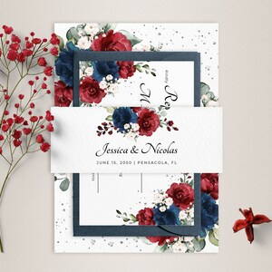 Burgundy and Navy Blue Wedding Invitation Template Suite, Wedding ...