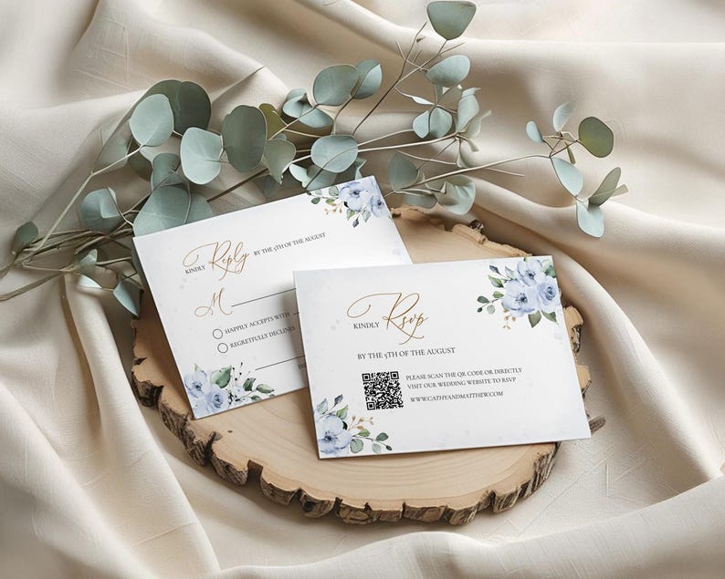 Dusty Blue Floral Wedding RSVP Card Template (Digital Download) #127 image 1