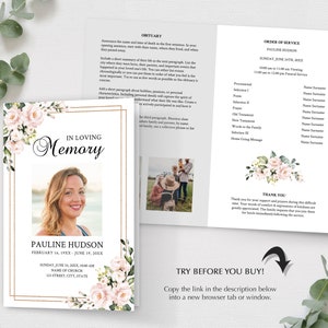 Pink Roses Funeral Program Template, Funeral Order of Service (Instant Download) image 4